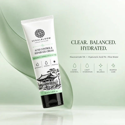 Seoul Bloom Acne Control & Repair Gel Cream tube with Niacinamide, Hyaluronic Acid, and Rice Water on green background