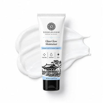Seoul Bloom Glass Glow Moisturiser 60ml tube with a white cream swatch on a clean white background.