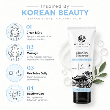 Seoul Bloom Glass Glow Moisturiser 60ml tube with Korean beauty instructions for radiant, hydrated glass skin.