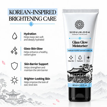 Seoul Bloom Glass Glow Moisturiser 60ml tube with Korean-inspired brightening care benefits and ingredients listed.