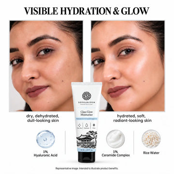 Seoul Bloom Glass Glow Moisturiser 60ml tube with hyaluronic acid and ceramide complex for radiant hydrated skin