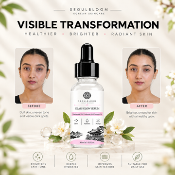 Seoul Bloom Glass Glow Serum bottle with before and after photos showing skin transformation and brightening results