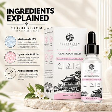 Seoul Bloom Glass Glow Serum bottle with dropper on stone, featuring Niacinamide and Hyaluronic Acid ingredient details.