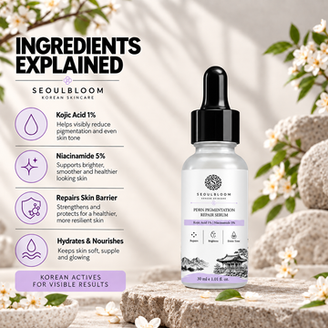 Seoul Bloom PDRN Pigmentation Repair Serum bottle on a stone pedestal with ingredient benefits listed beside it