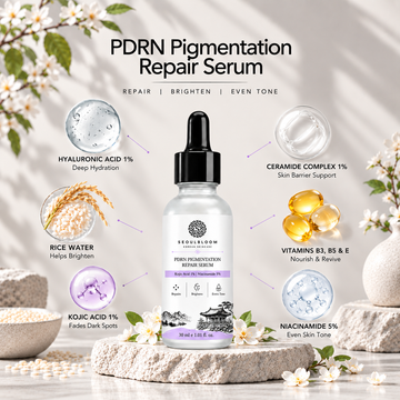 Seoul Bloom PDRN Pigmentation Repair Serum bottle with ingredient highlights including Kojic Acid and Niacinamide