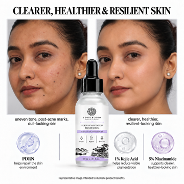 Seoul Bloom PDRN Pigmentation Repair Serum showing before and after results with ingredient highlights